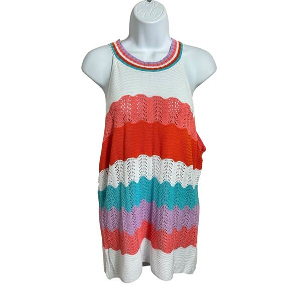 Sleeveless High Neck Sweater Top Sz XL Open Knit Colorful Crochet Blouse - Picture 5 of 7